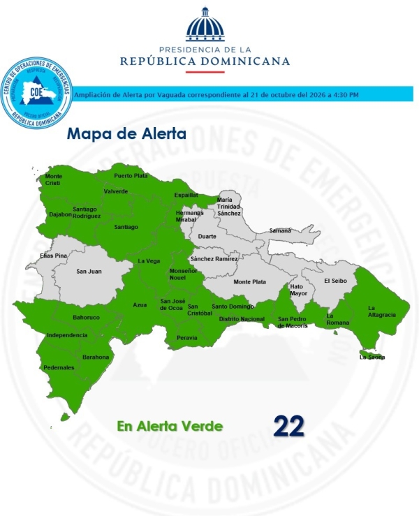 COE amplía alerta verde a 22 provincias y el Distrito Nacional ante nuevas lluvias