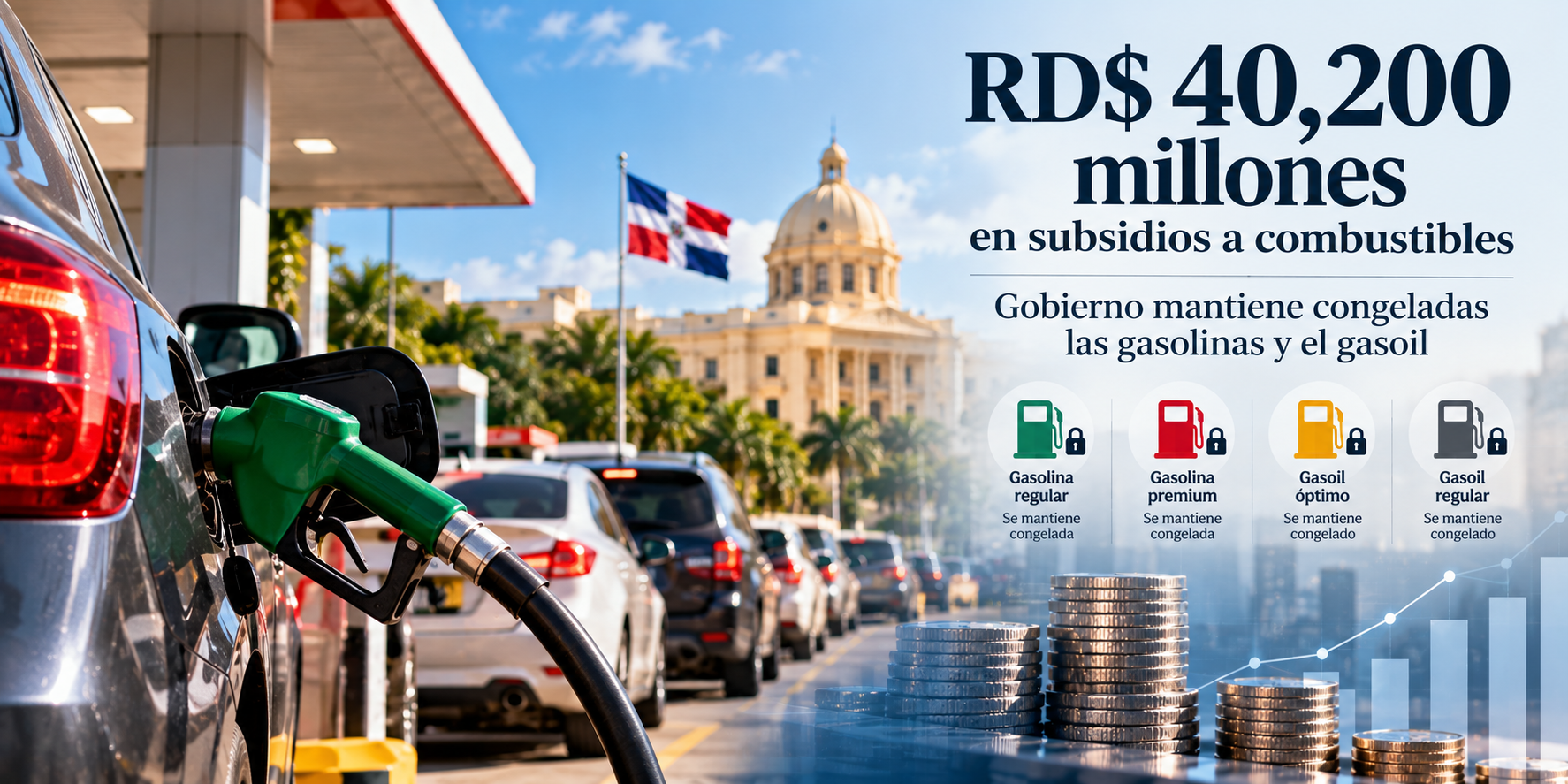 El Gobierno congela gasolinas y gasoil del 17 al 23 de octubre con RD$1,860.3 millones adicionales en subsidios.
